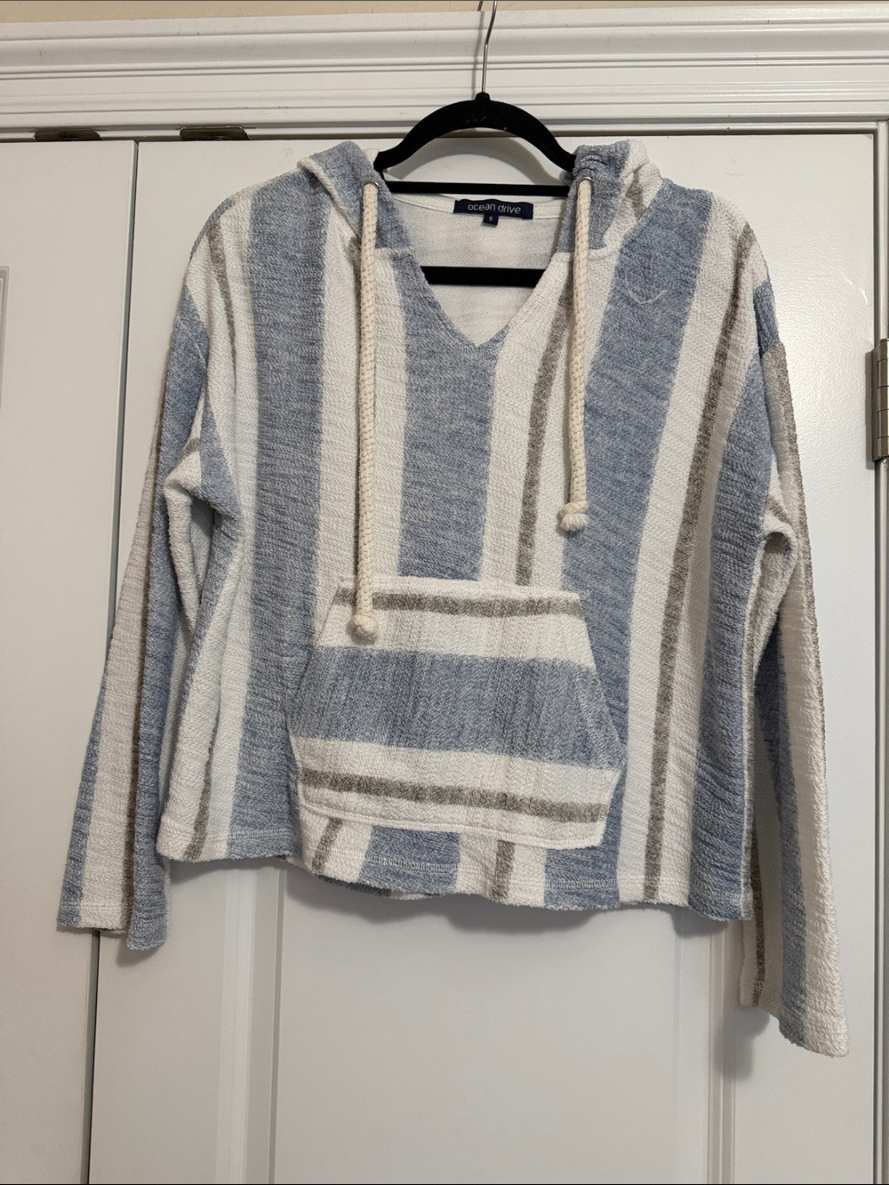 Ocean Drive Blue, Cream & Gray Striped V-Neck Hoodie Sweater